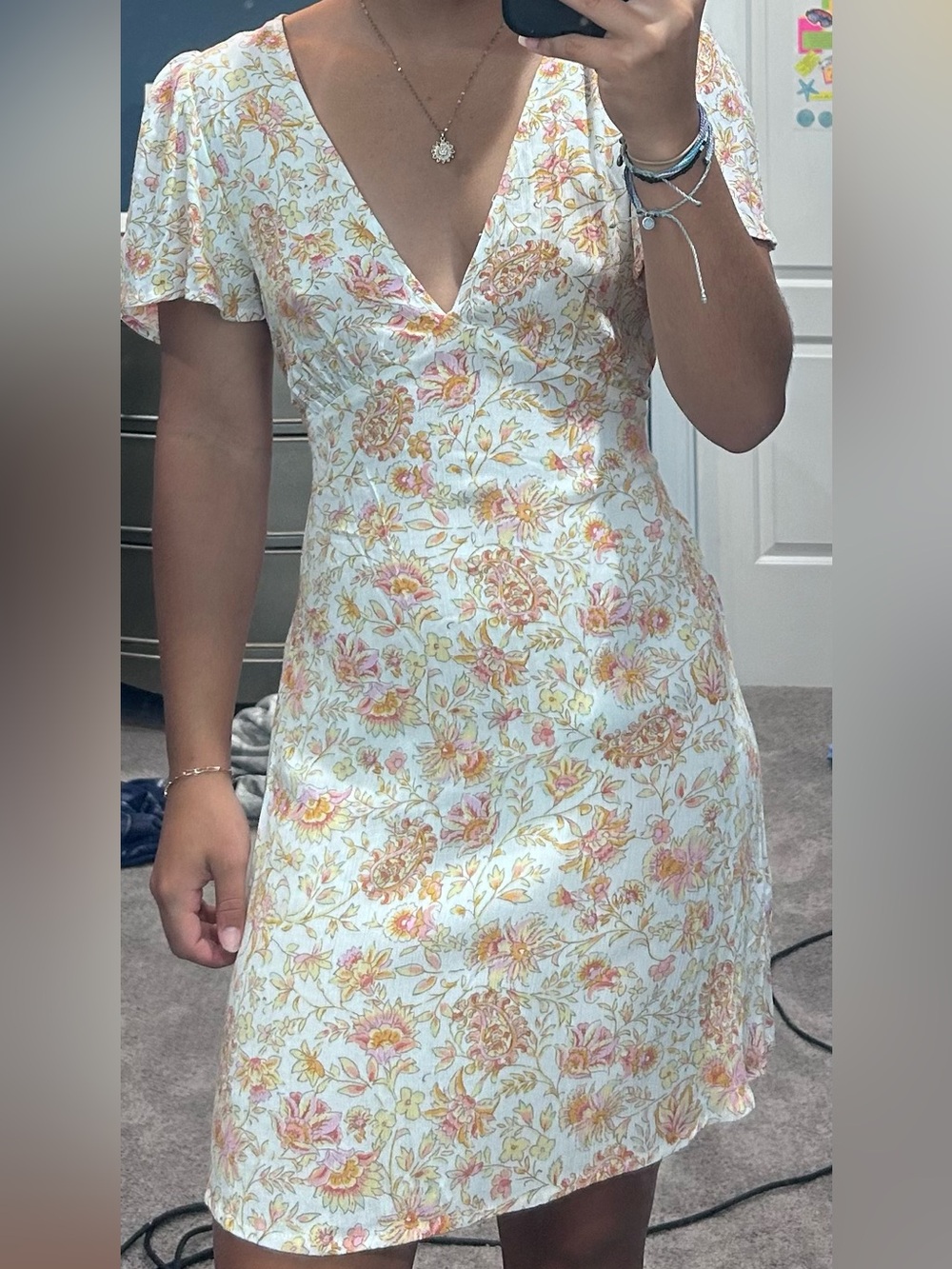 Billabong White Mini Dress with Pink and Yellow Floral Print